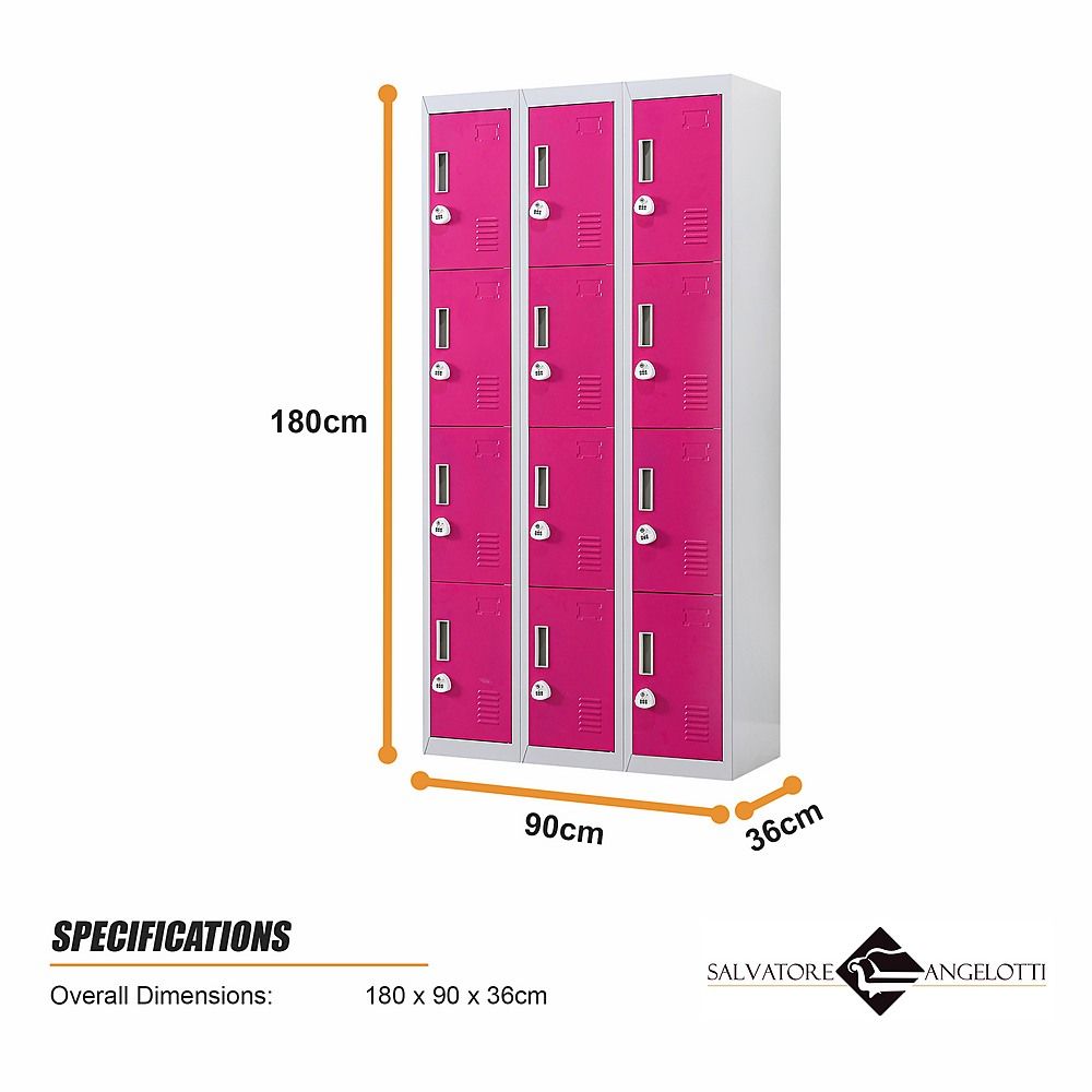 12-Door Steel Locker – Grey with Pink Door, 3-Digit Combination Lock