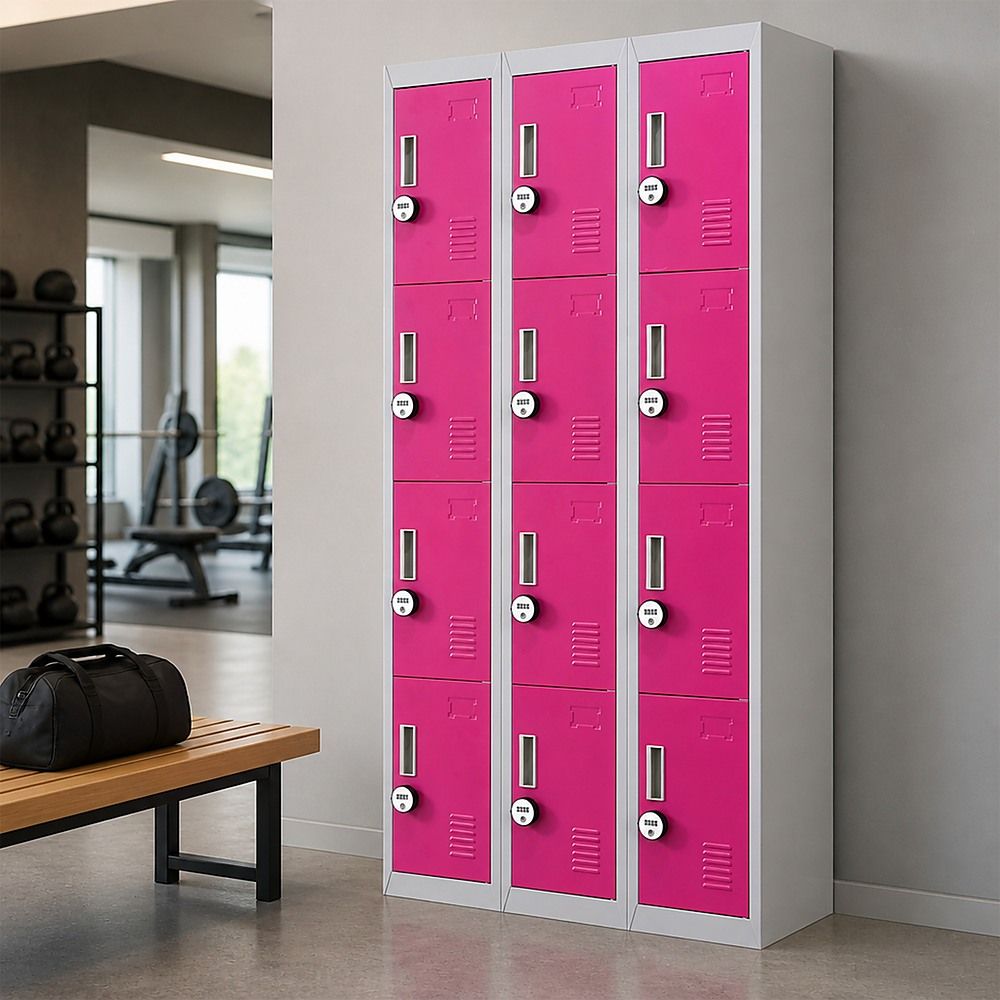 12-Door Steel Locker – Grey with Pink Door, 4-Digit Combination Lock