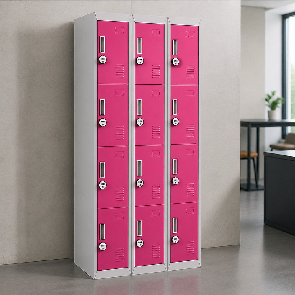 12-Door Steel Locker – Grey with Pink Door, 4-Digit Combination Lock