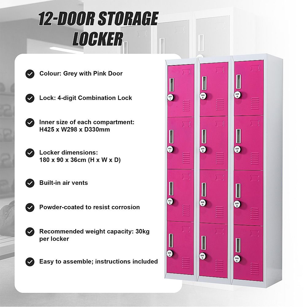 12-Door Steel Locker – Grey with Pink Door, 4-Digit Combination Lock