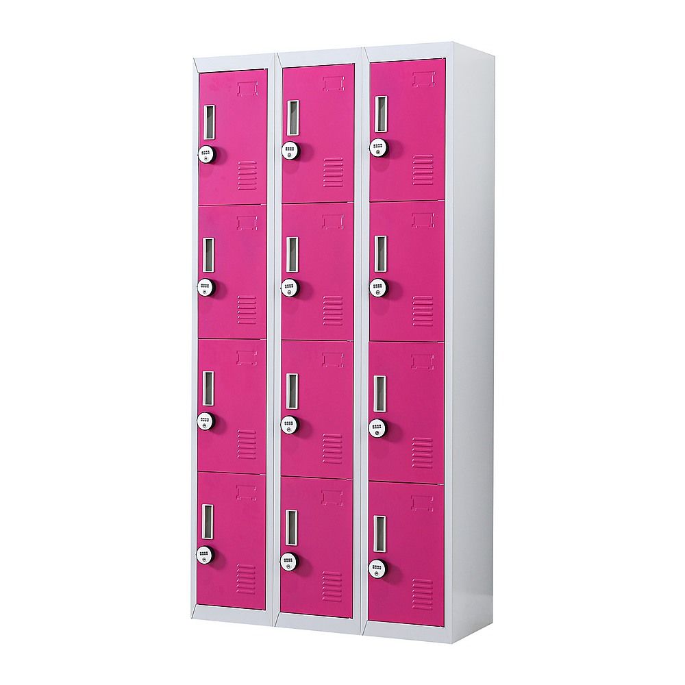 12-Door Steel Locker – Grey with Pink Door, 4-Digit Combination Lock