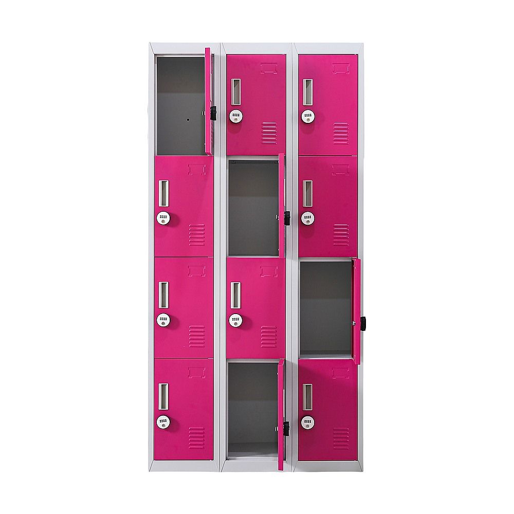 12-Door Steel Locker – Grey with Pink Door, 4-Digit Combination Lock
