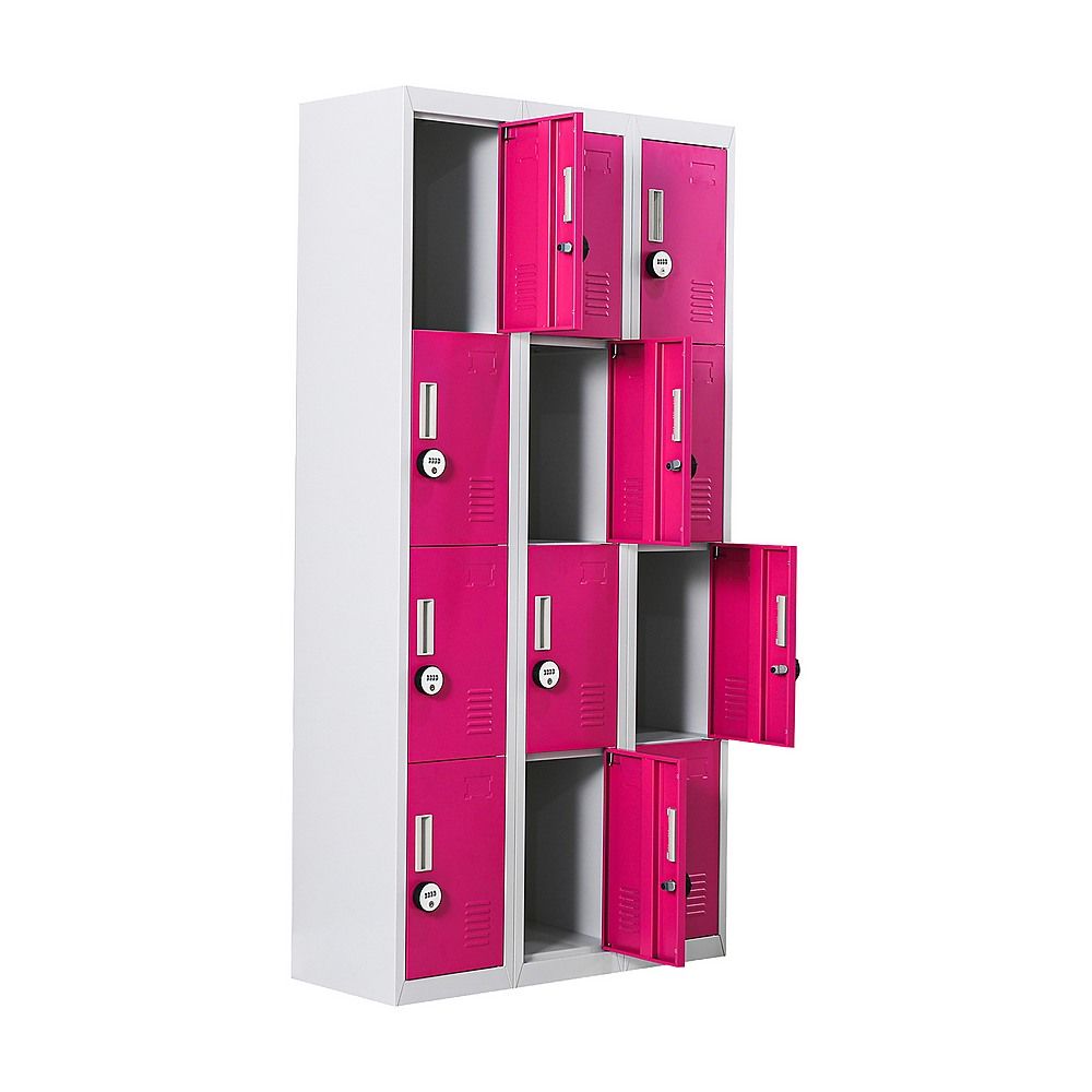 12-Door Steel Locker – Grey with Pink Door, 4-Digit Combination Lock