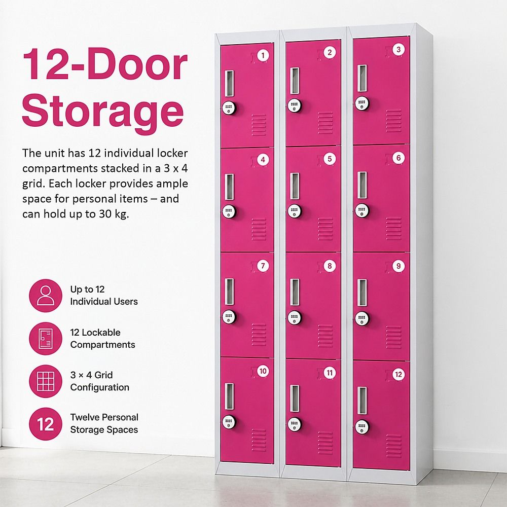 12-Door Steel Locker – Grey with Pink Door, 4-Digit Combination Lock