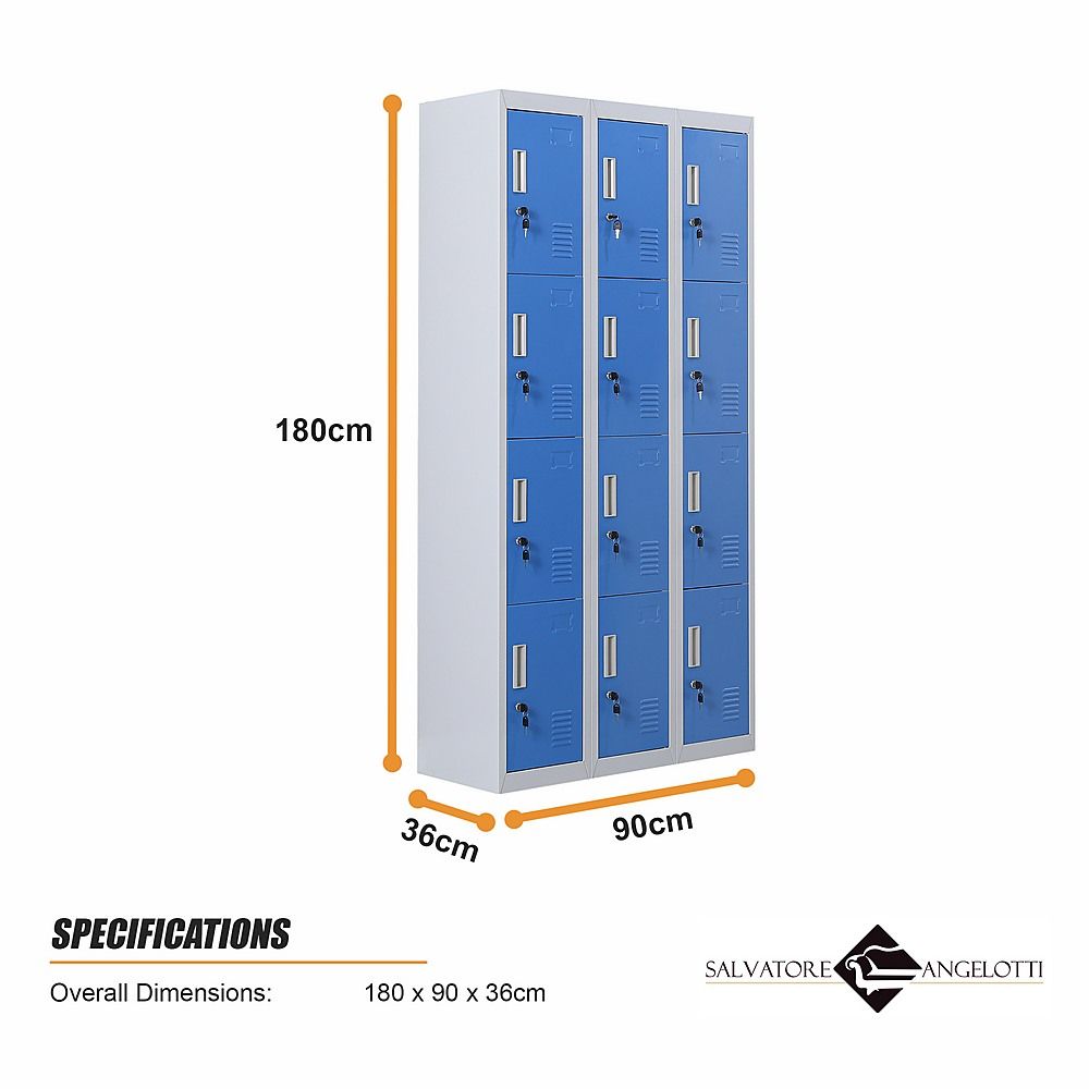 12-Door Steel Locker – Grey with Blue Door, Standard Lock with 2 Keys