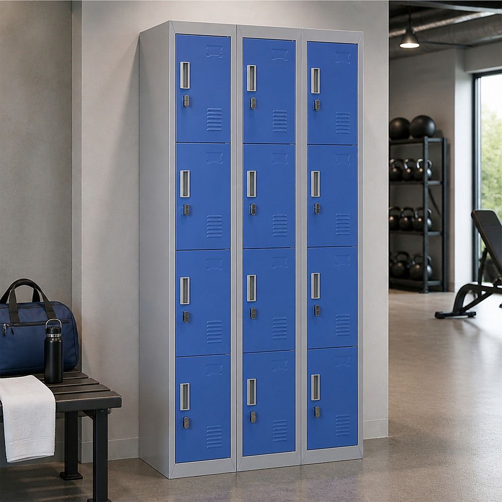 12-Door Steel Locker – Grey with Blue Door, Padlock-operated