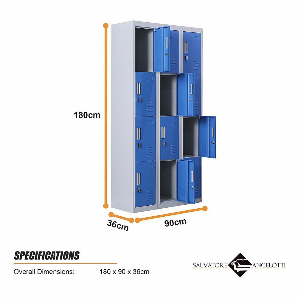 12-Door Steel Locker – Grey with Blue Door, Padlock-operated