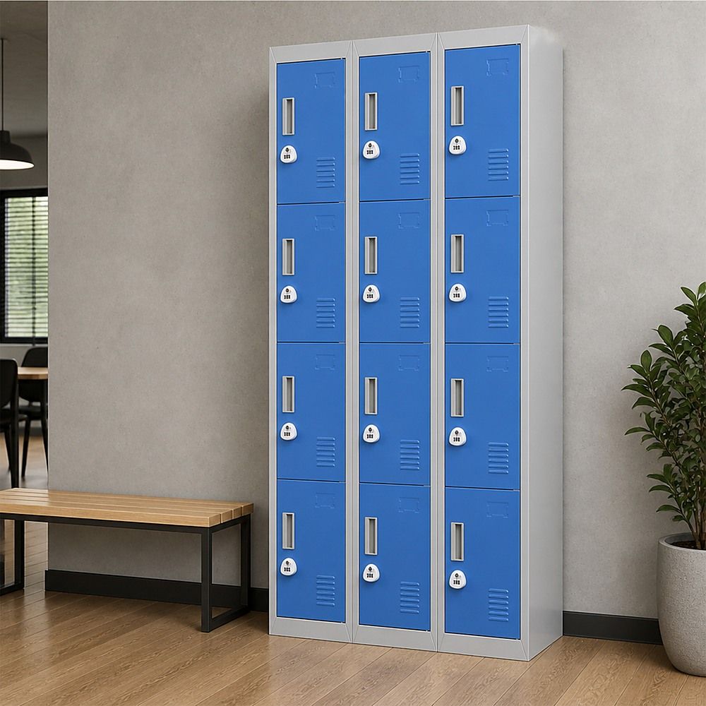 12-Door Steel Locker – Grey with Blue Door, 3-Digit Combination Lock