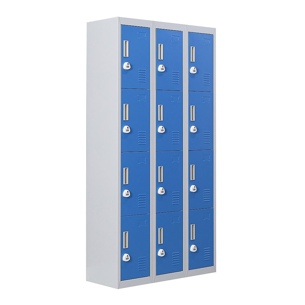 12-Door Steel Locker – Grey with Blue Door, 3-Digit Combination Lock