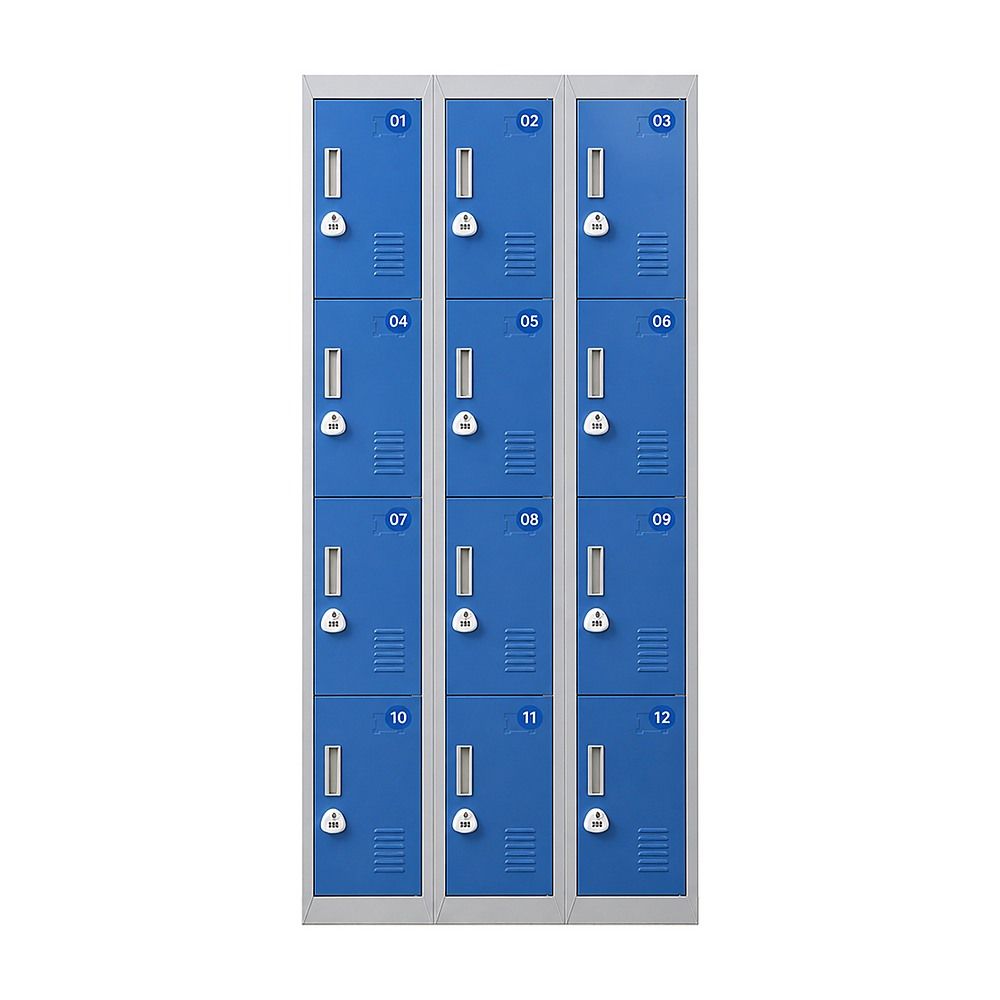 12-Door Steel Locker – Grey with Blue Door, 3-Digit Combination Lock