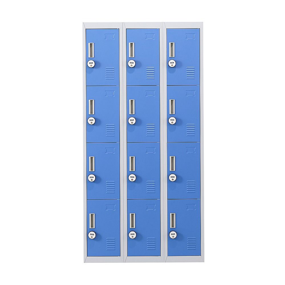 12-Door Steel Locker – Grey with Blue Door, 4-Digit Combination Lock