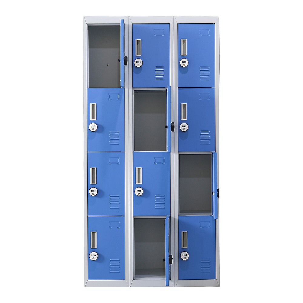 12-Door Steel Locker – Grey with Blue Door, 4-Digit Combination Lock
