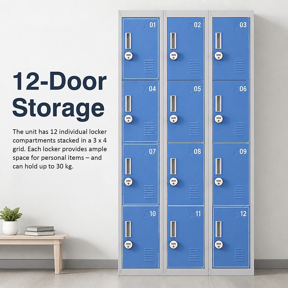 12-Door Steel Locker – Grey with Blue Door, 4-Digit Combination Lock