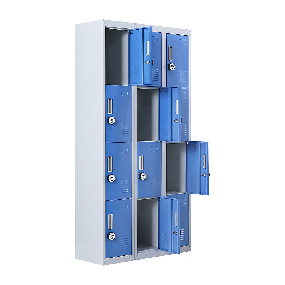 12-Door Steel Locker – Grey with Blue Door, 4-Digit Combination Lock