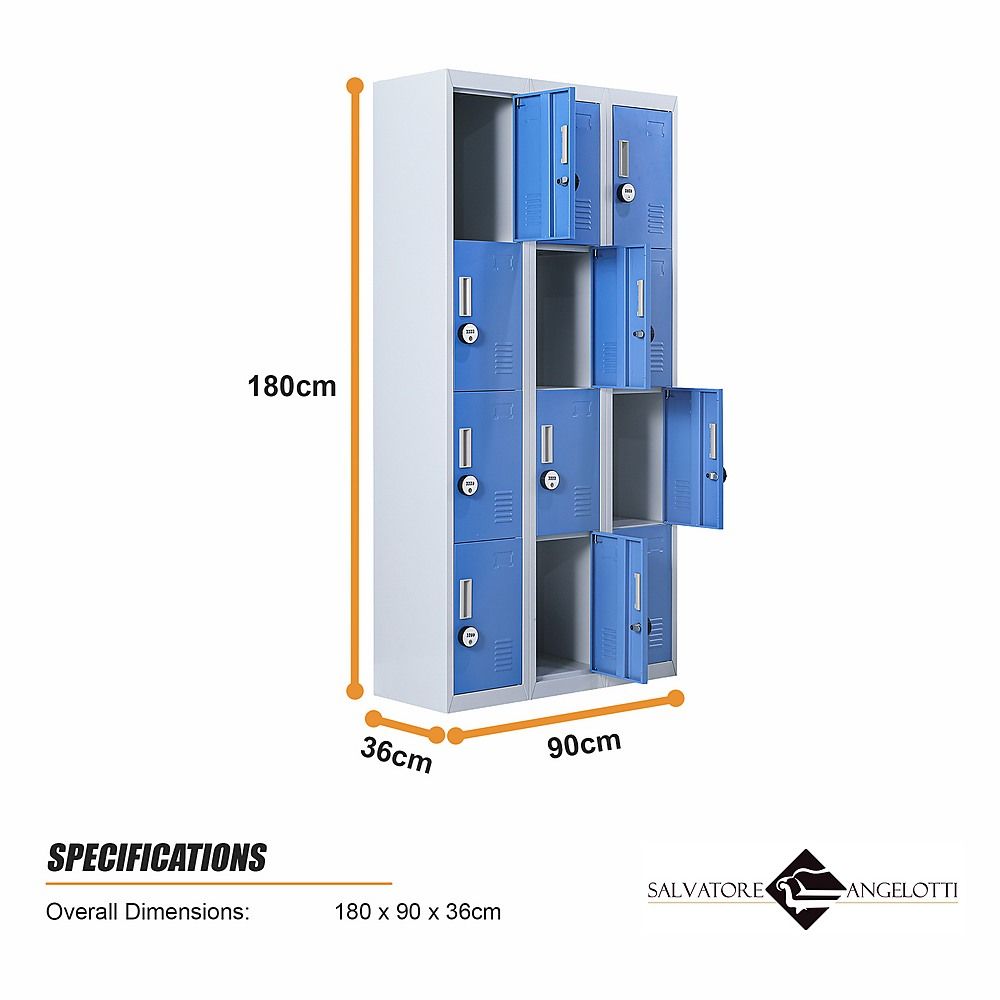 12-Door Steel Locker – Grey with Blue Door, 4-Digit Combination Lock