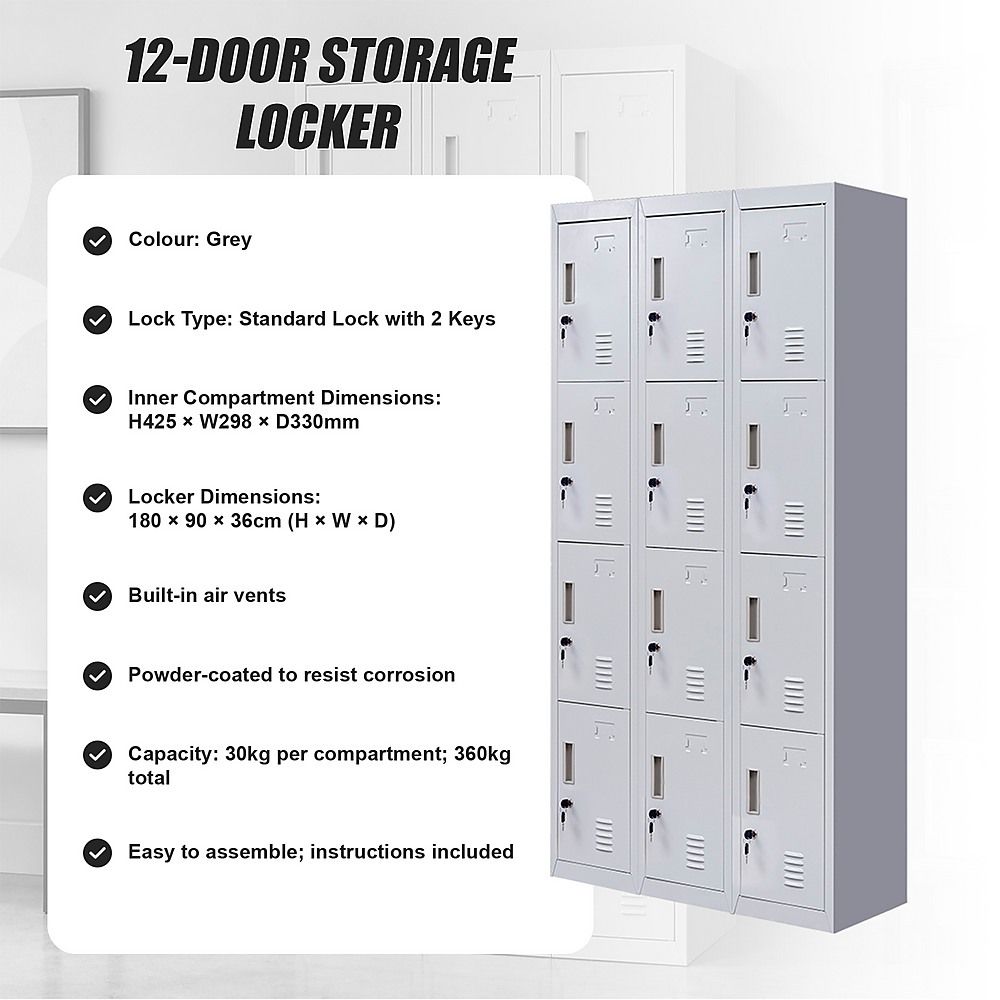 12-Door Steel Locker – Grey, Standard Lock with 2 Keys