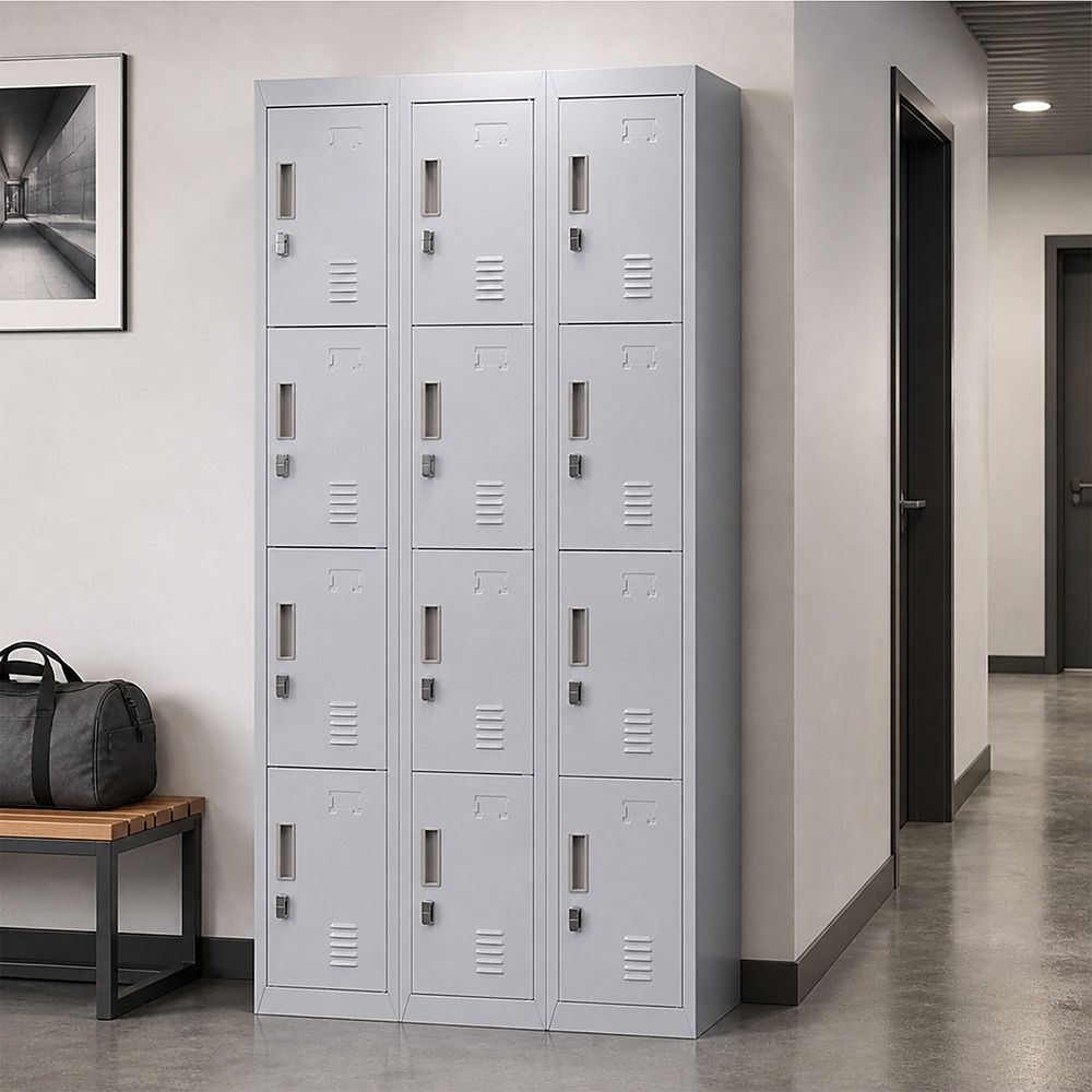 12-Door Steel Locker – Grey, Padlock-operated