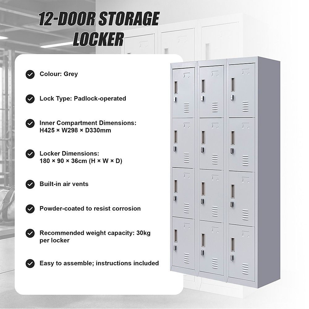 12-Door Steel Locker – Grey, Padlock-operated
