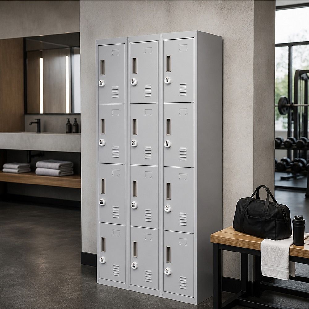 12-Door Steel Locker – Grey, 3-Digit Combination Lock