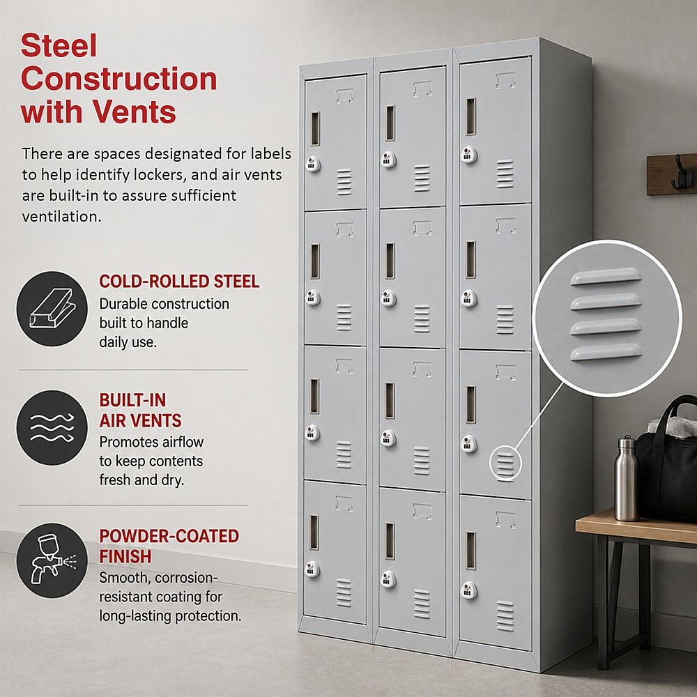 12-Door Steel Locker – Grey, 3-Digit Combination Lock