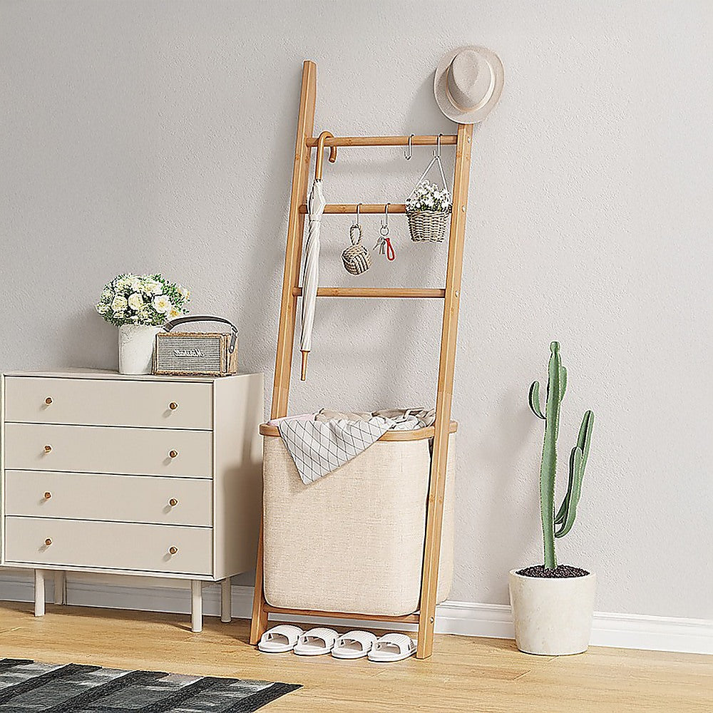 Wall Leaning Ladder Shelf with Laundry Basket Clothes Hamper Bath Towel Rack