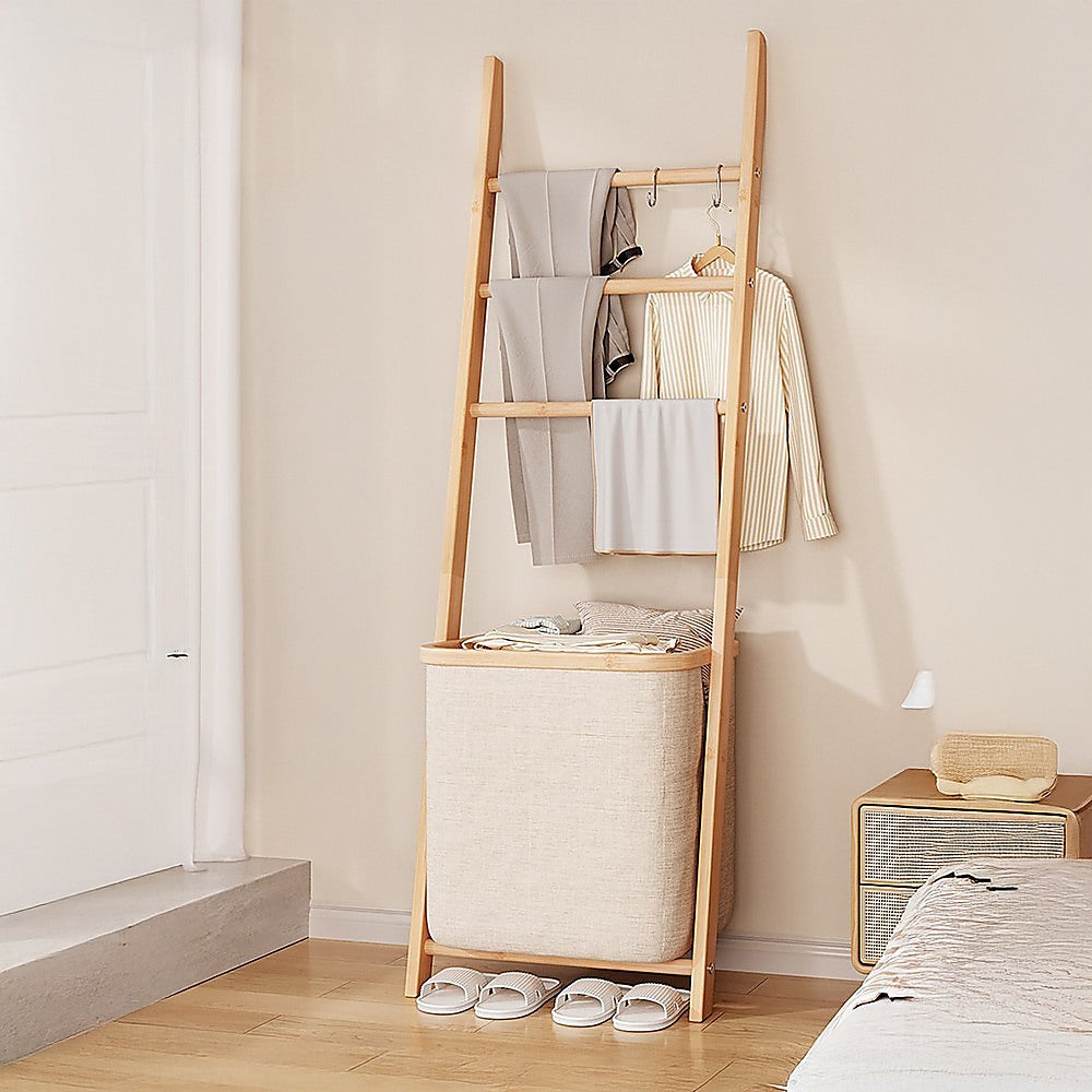 Wall Leaning Ladder Shelf with Laundry Basket Clothes Hamper Bath Towel Rack