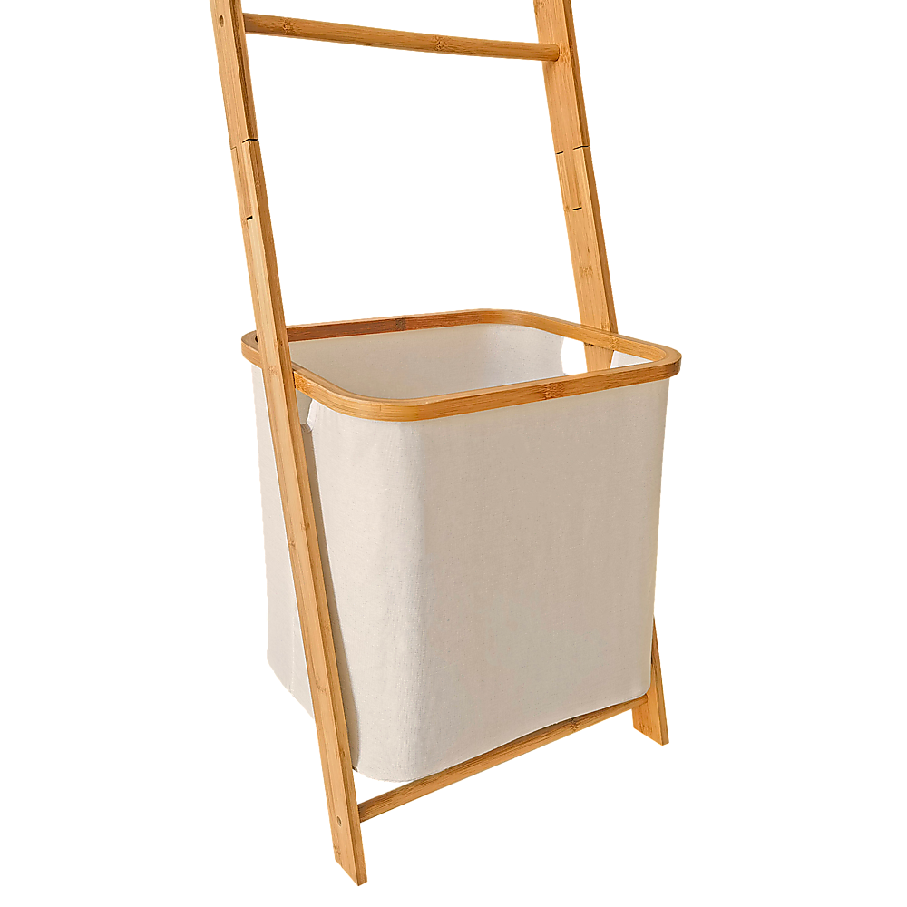 Wall Leaning Ladder Shelf with Laundry Basket Clothes Hamper Bath Towel Rack