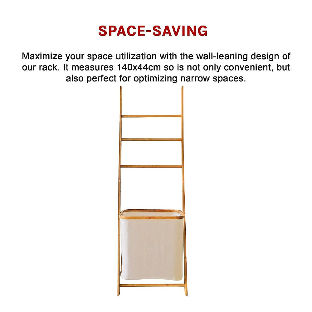 Wall Leaning Ladder Shelf with Laundry Basket Clothes Hamper Bath Towel Rack