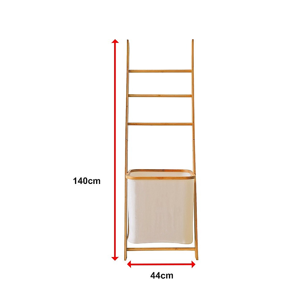 Wall Leaning Ladder Shelf with Laundry Basket Clothes Hamper Bath Towel Rack
