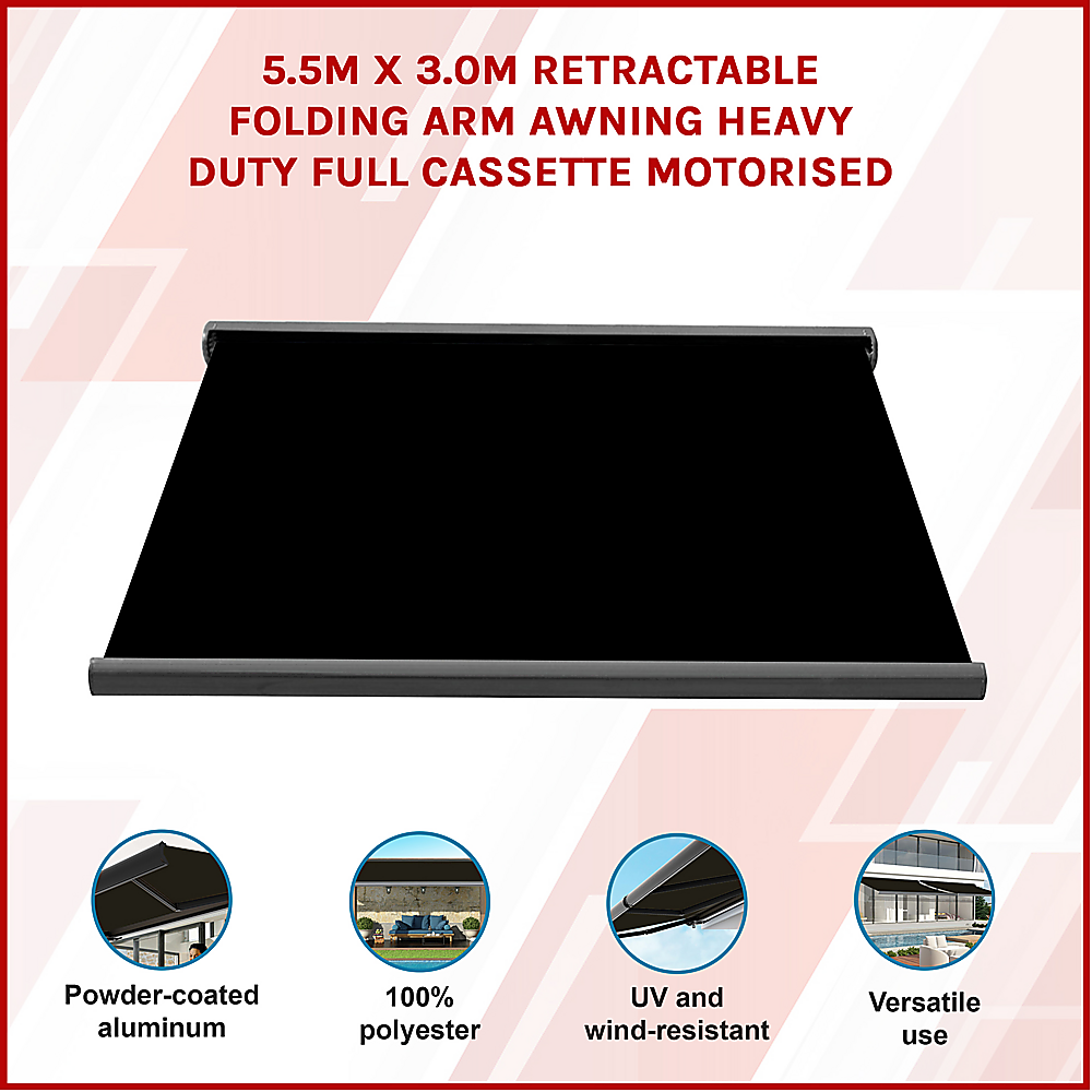 Motorised Retractable Awning – 5.5x3m Black Full Cassette Design