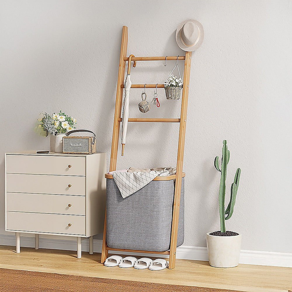 Wall Leaning Ladder Shelf with Laundry Basket Clothes Hamper Bath Towel Rack in Grey