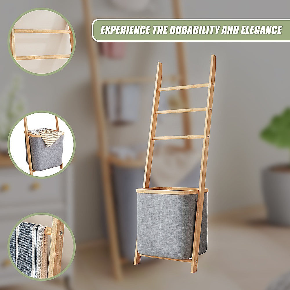 Wall Leaning Ladder Shelf with Laundry Basket Clothes Hamper Bath Towel Rack in Grey