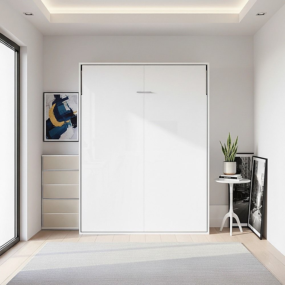 Double Wall Bed in White Gloss – Space Saving Murphy Bed Kit with Gold Door Handle
