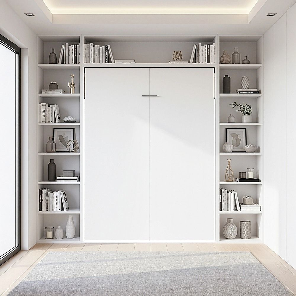 Queen Wall Bed in White Gloss – Space Saving Murphy Bed Kit with Gold Door Handle