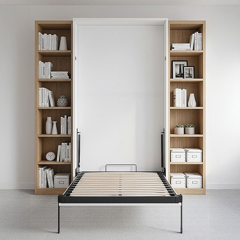Single Wall Bed in White Gloss – Space Saving Murphy Bed Kit with Gold Door Handle