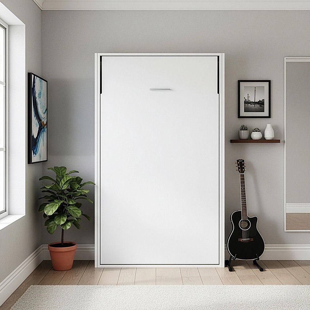 King-single Wall Bed in White Gloss – Space Saving Murphy Bed Kit with Silver Door Handle