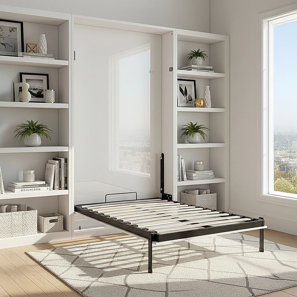 King-single Wall Bed in White Gloss – Space Saving Murphy Bed Kit with Silver Door Handle