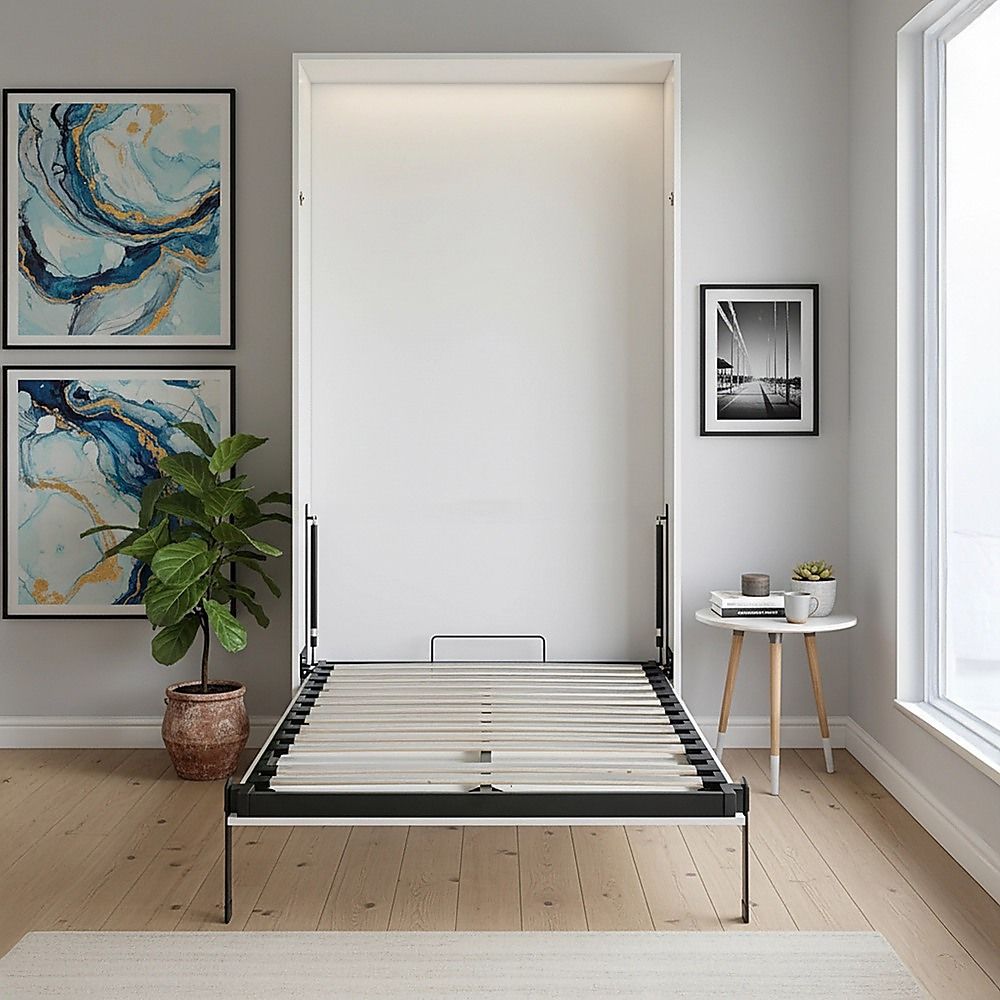 King-single Wall Bed in White Gloss – Space Saving Murphy Bed Kit with Gold Door Handle