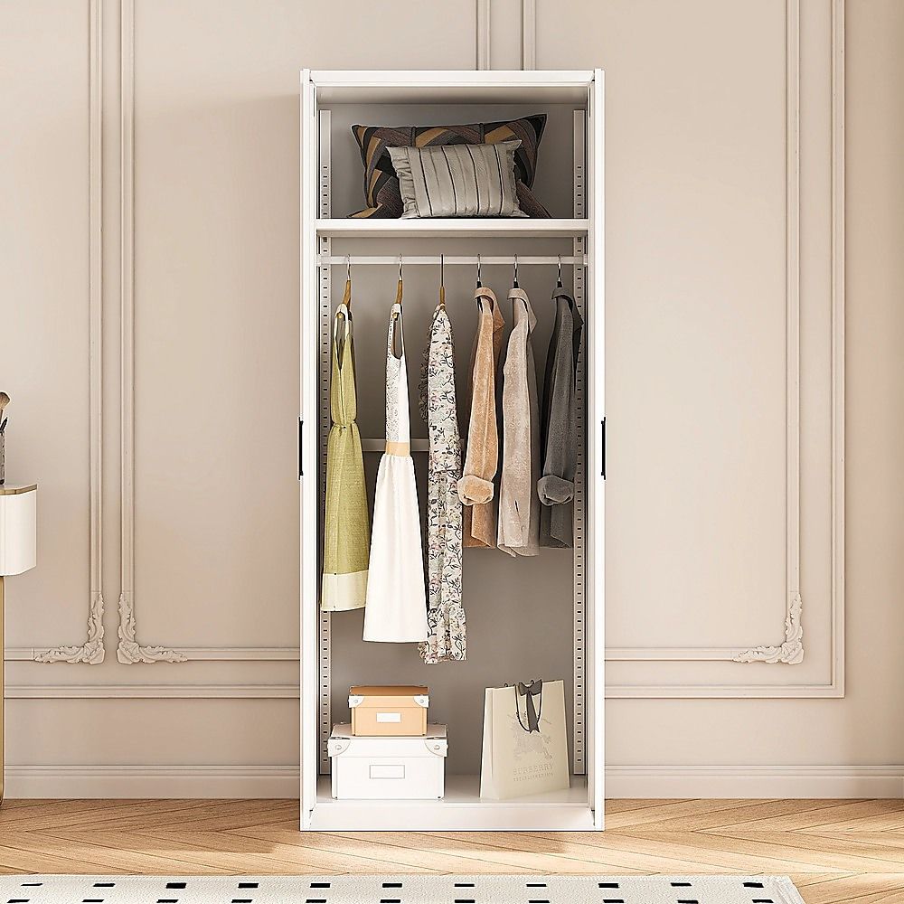 80x200cm 2-Door White Steel Hanging Wardrobe with Black Handle Storage Cabinet