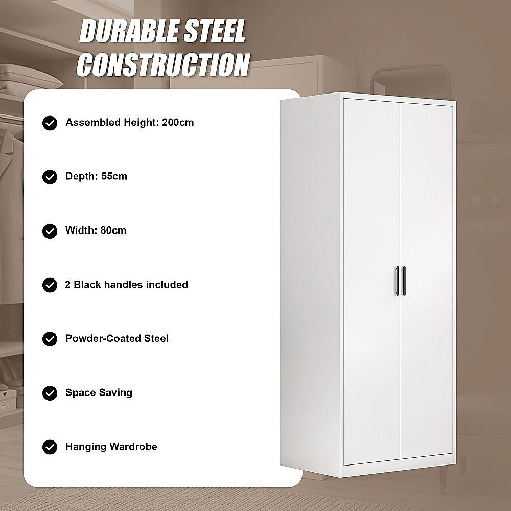 80x200cm 2-Door White Steel Hanging Wardrobe with Black Handle Storage Cabinet