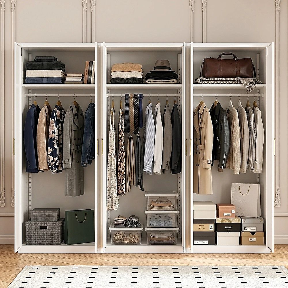 240x200cm 6-Door White Steel Hanging Wardrobe with Gold Handle Storage Cabinet