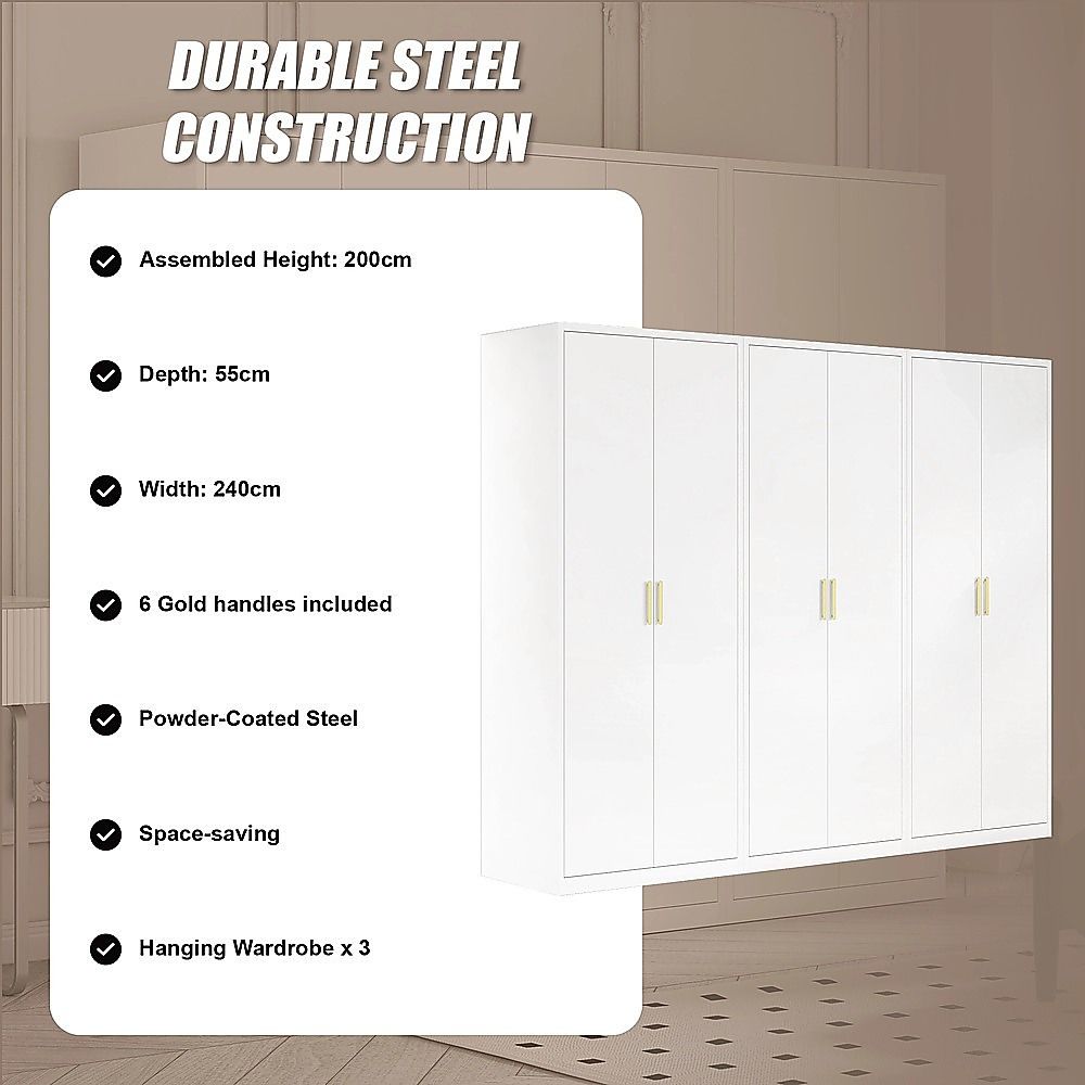 240x200cm 6-Door White Steel Hanging Wardrobe with Gold Handle Storage Cabinet
