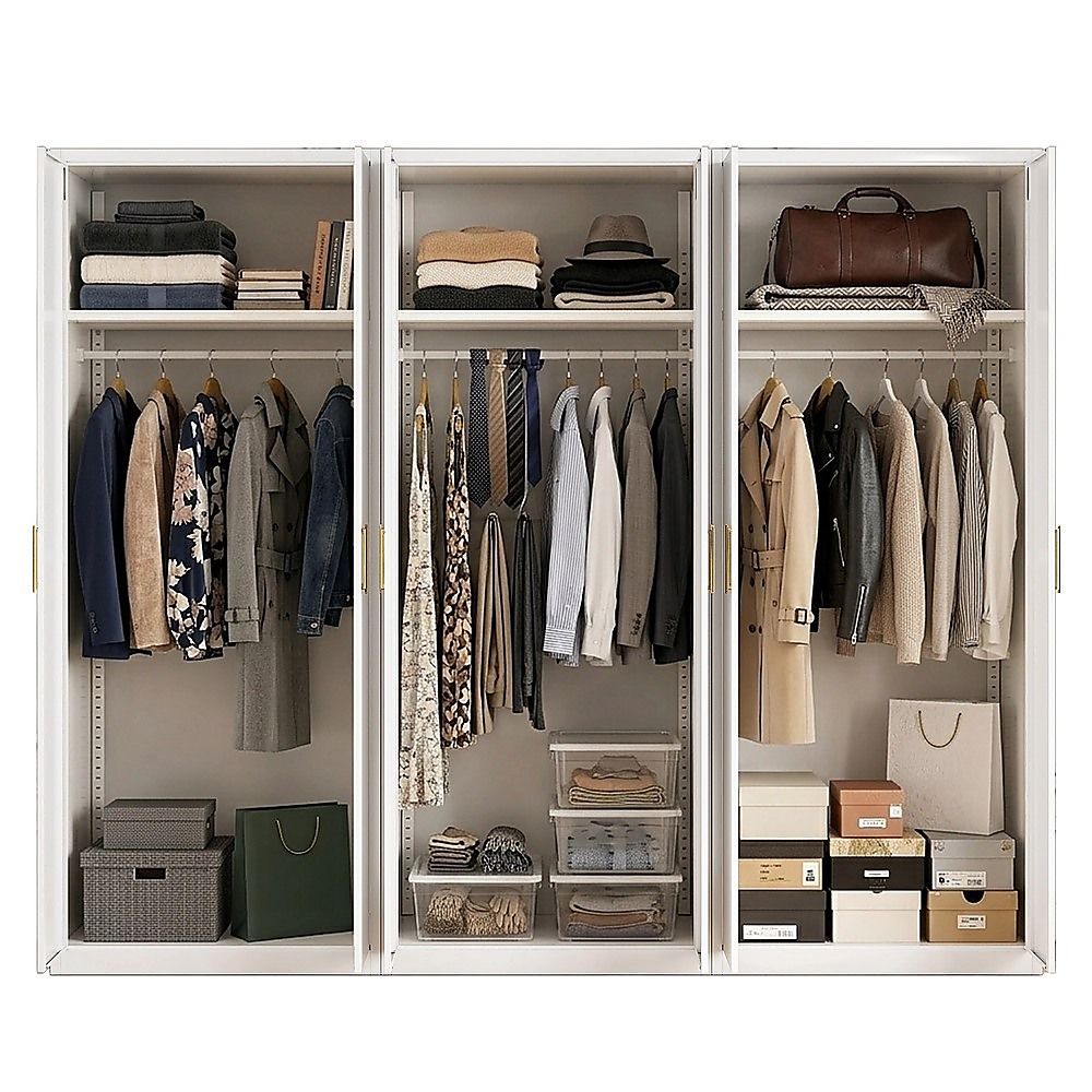 240x200cm 6-Door White Steel Hanging Wardrobe with Gold Handle Storage Cabinet