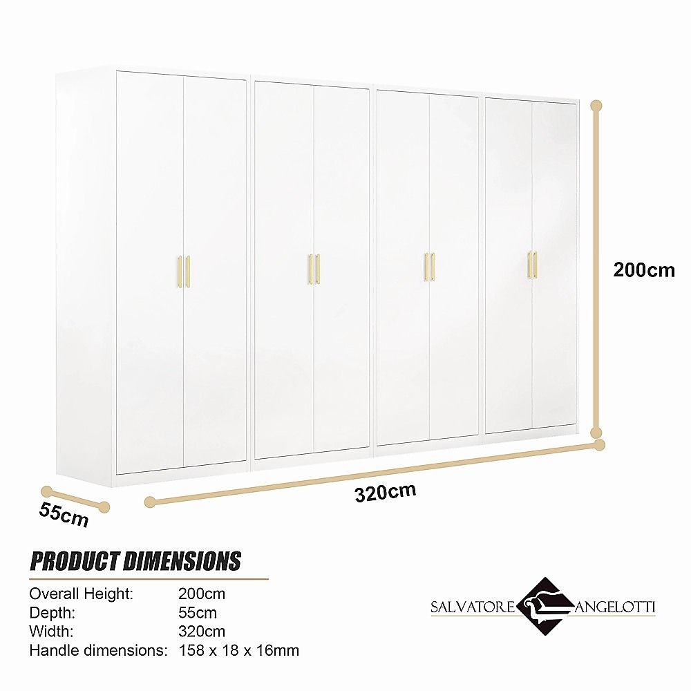 320x200cm 8-Door White Steel Hanging Wardrobe with Gold Handle Storage Cabinet