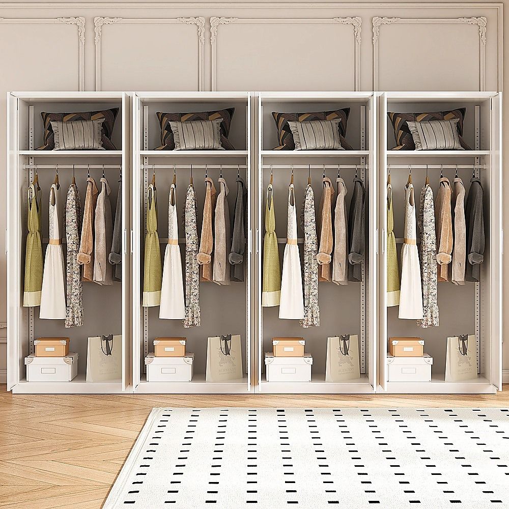 320x200cm 8-Door White Steel Hanging Wardrobe with White Handle Storage Cabinet