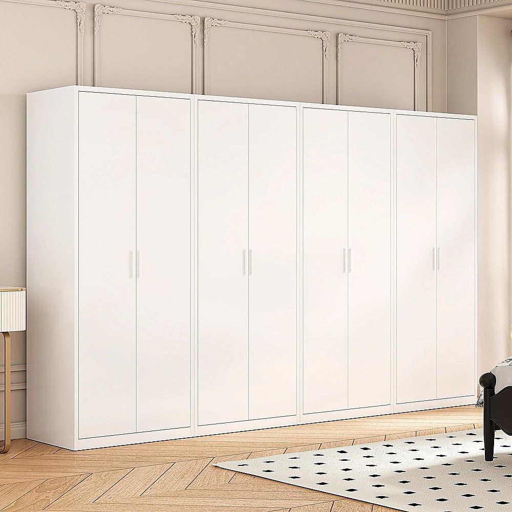 320x200cm 8-Door White Steel Hanging Wardrobe with White Handle Storage Cabinet