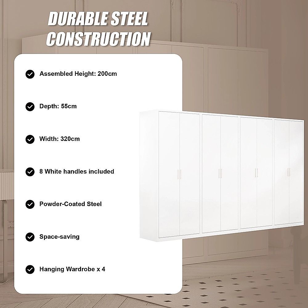 320x200cm 8-Door White Steel Hanging Wardrobe with White Handle Storage Cabinet