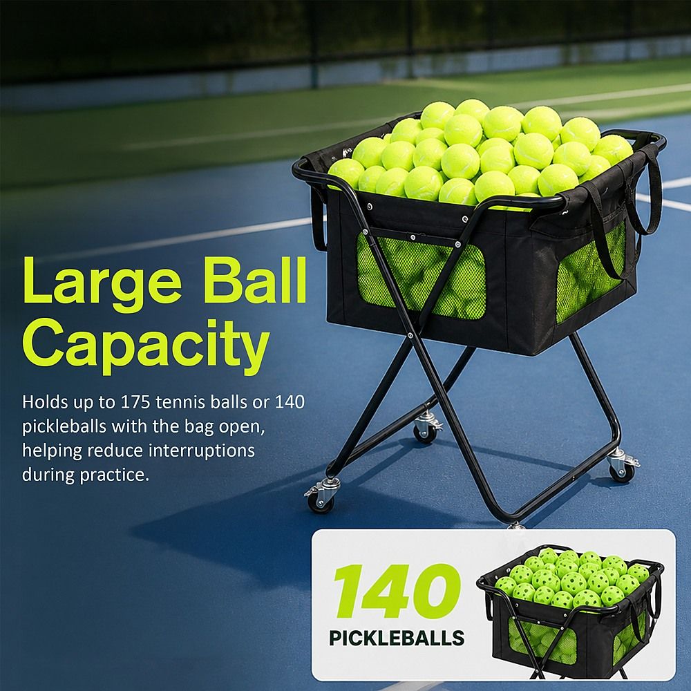 Ball Caddy with Wheels Portable Cart Holds 140 Pickleballs or 175 Tennis Balls