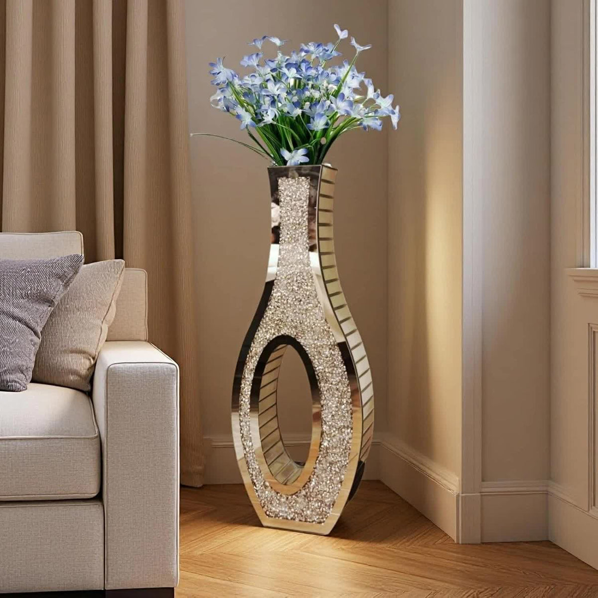 30-Inch Tall Double Sided Crushed Diamond Floor Vase Large Mirrored Silver Crystal Décor