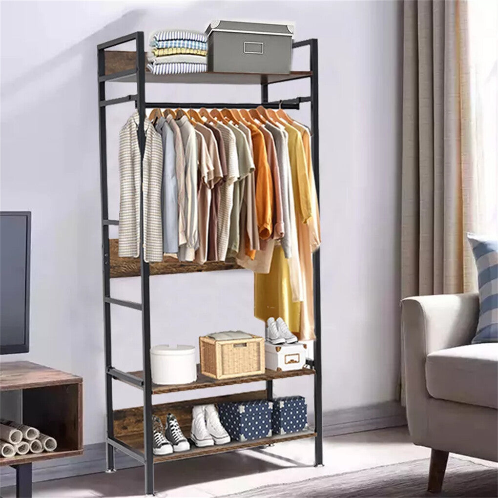 Rustic Wooden Clothes Garment Rail Open Hanging Display Shelf Shoe Rack Entryway